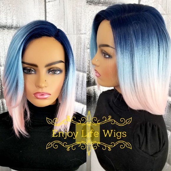 3 color pink blonde blue bob human blend wig main image 5